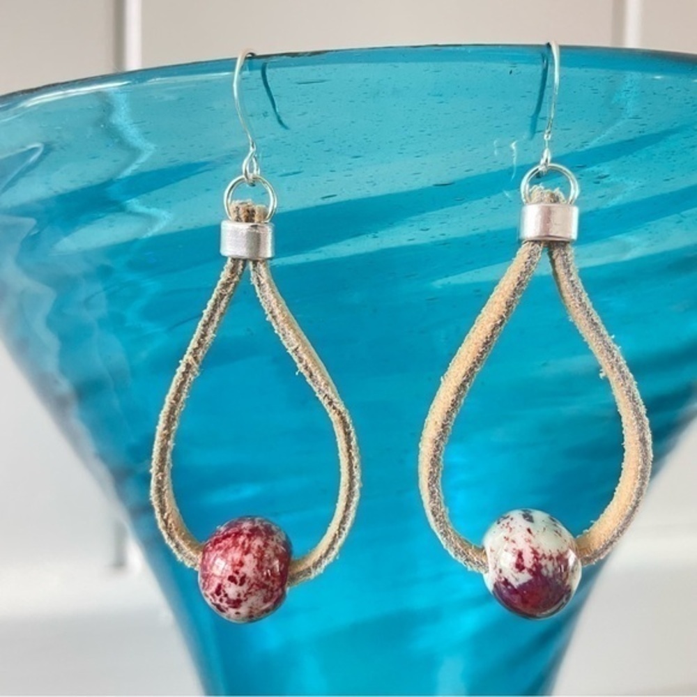 2/$29 Teardrop Hoop Earrings Leather Ceramic Red White Bead Tan HandCrafted - Picture 2 of 3